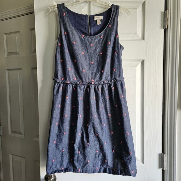 Ann Taylor Loft Dress Women 8 Sleeveless Chambray Blue Pink Embroider Polka Dot - Picture 1 of 8